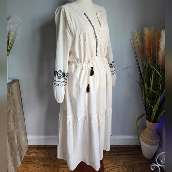 Zara New Ivory Black Embroidered Beaded Tassel Tie Flounce Maxi Dress SZ XXL - Picture 7 of 15